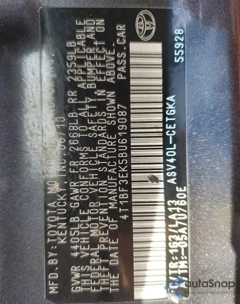 2011 Toyota Camry Base z USA, uszkodzony, nr VIN 4T1BF3EK5BU619087